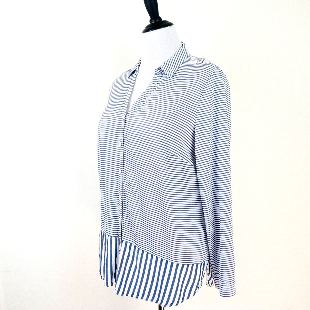 J Jill Size L Woven Rayon Button Down Shirt Contrast Stripe Blue White
